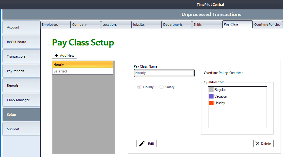Pay Class screen