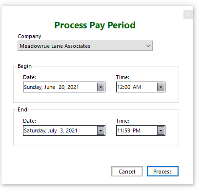 You choose the company and the dates when you process a pay period. You choose the company and the dates when you process a pay period.
